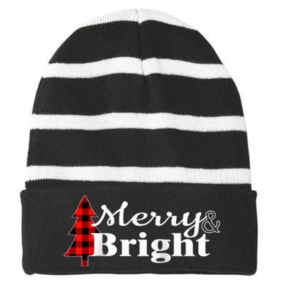 Buffalo Check Plaid Merry And Bright Christmas Holiday Raglan Baseball Striped Beanie with Solid Band