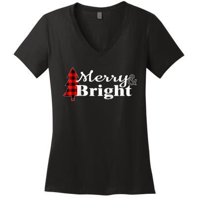 Buffalo Check Plaid Merry And Bright Christmas Holiday Raglan Baseball Women's V-Neck T-Shirt