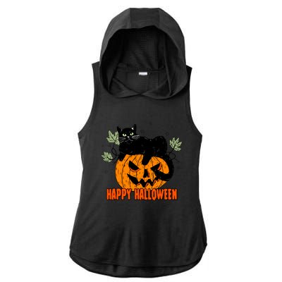 Black Cat Pumpkin Halloween Day Sublimation Retro Halloween Ladies PosiCharge Tri-Blend Wicking Draft Hoodie Tank