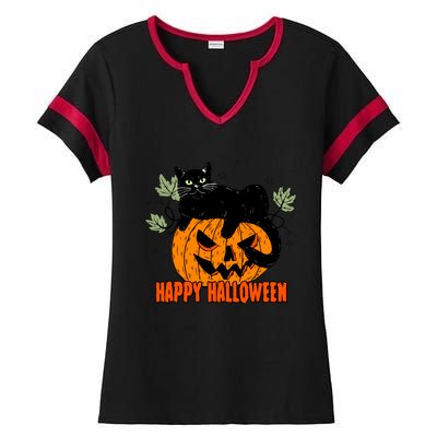 Black Cat Pumpkin Halloween Day Sublimation Retro Halloween Ladies Halftime Notch Neck Tee