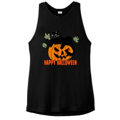 Black Cat Pumpkin Halloween Day Sublimation Retro Halloween Ladies PosiCharge Tri-Blend Wicking Tank