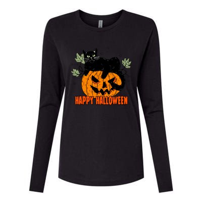 Black Cat Pumpkin Halloween Day Sublimation Retro Halloween Womens Cotton Relaxed Long Sleeve T-Shirt