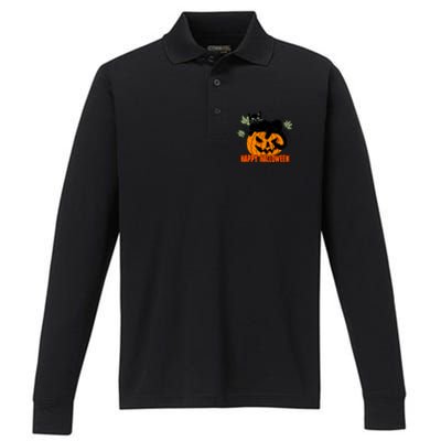 Black Cat Pumpkin Halloween Day Sublimation Retro Halloween Performance Long Sleeve Polo