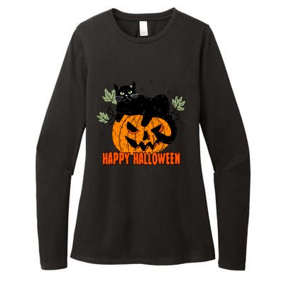 Black Cat Pumpkin Halloween Day Sublimation Retro Halloween Womens CVC Long Sleeve Shirt