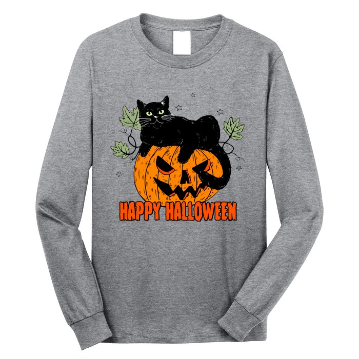 Black Cat Pumpkin Halloween Day Sublimation Retro Halloween Long Sleeve Shirt