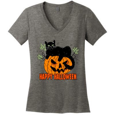 Black Cat Pumpkin Halloween Day Sublimation Retro Halloween Women's V-Neck T-Shirt