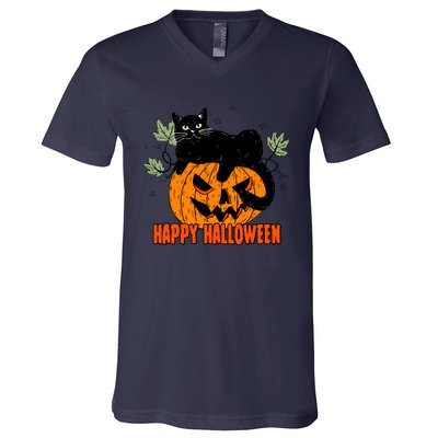 Black Cat Pumpkin Halloween Day Sublimation Retro Halloween V-Neck T-Shirt