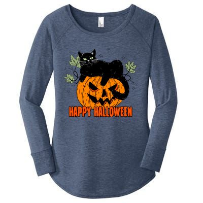 Black Cat Pumpkin Halloween Day Sublimation Retro Halloween Women's Perfect Tri Tunic Long Sleeve Shirt