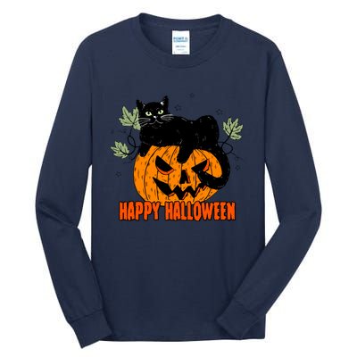 Black Cat Pumpkin Halloween Day Sublimation Retro Halloween Tall Long Sleeve T-Shirt