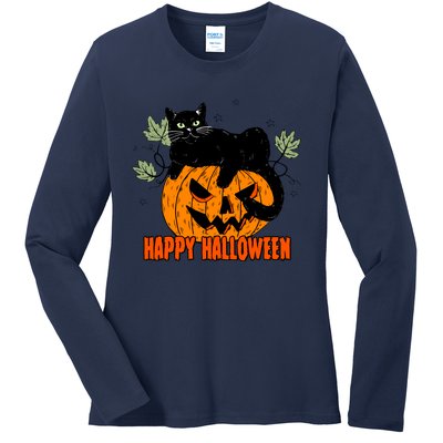 Black Cat Pumpkin Halloween Day Sublimation Retro Halloween Ladies Long Sleeve Shirt