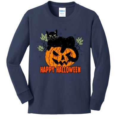 Black Cat Pumpkin Halloween Day Sublimation Retro Halloween Kids Long Sleeve Shirt