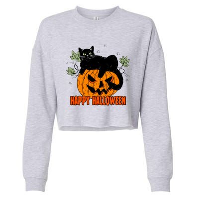 Black Cat Pumpkin Halloween Day Sublimation Retro Halloween Cropped Pullover Crew