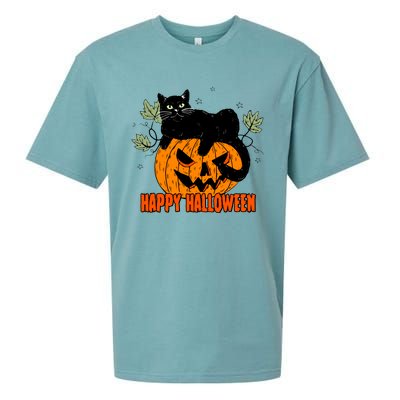 Black Cat Pumpkin Halloween Day Sublimation Retro Halloween Sueded Cloud Jersey T-Shirt