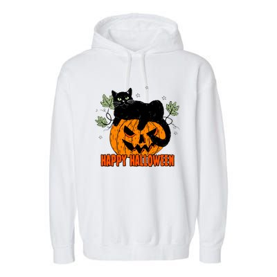 Black Cat Pumpkin Halloween Day Sublimation Retro Halloween Garment-Dyed Fleece Hoodie