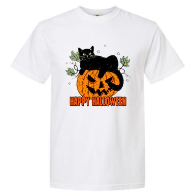 Black Cat Pumpkin Halloween Day Sublimation Retro Halloween Garment-Dyed Heavyweight T-Shirt