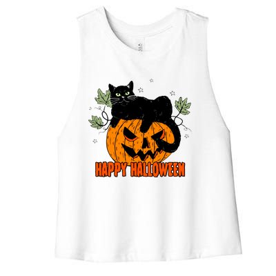 Black Cat Pumpkin Halloween Day Sublimation Retro Halloween Women's Racerback Cropped Tank