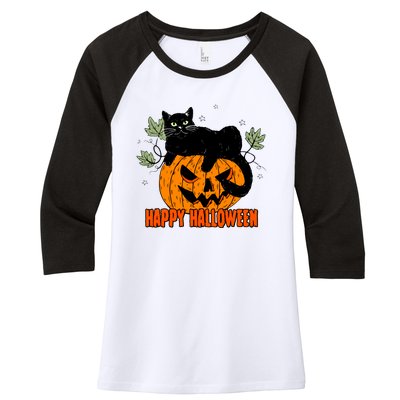 Black Cat Pumpkin Halloween Day Sublimation Retro Halloween Women's Tri-Blend 3/4-Sleeve Raglan Shirt