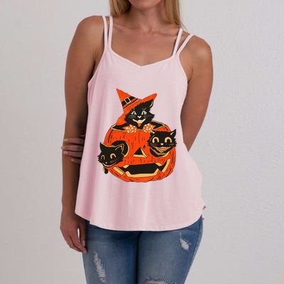 Black Cats Pumpkin Carved Jack O Lantern Halloween Women's Strappy Tank