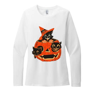 Black Cats Pumpkin Carved Jack O Lantern Halloween Womens CVC Long Sleeve Shirt