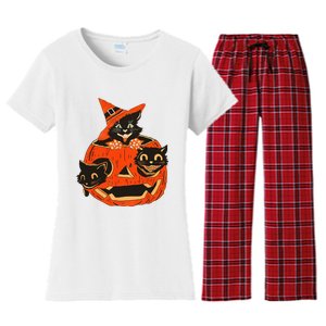 Black Cats Pumpkin Carved Jack O Lantern Halloween Women's Flannel Pajama Set