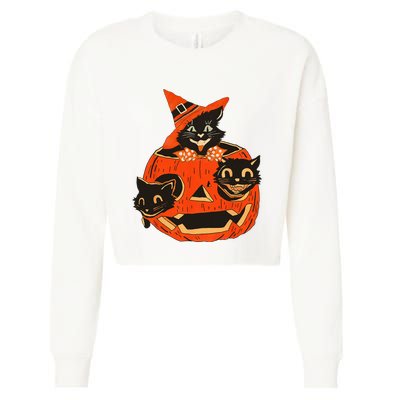 Black Cats Pumpkin Carved Jack O Lantern Halloween Cropped Pullover Crew