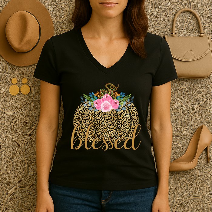 Blessed Cheetah Pumpkin October Women's V-Neck T-Shirt