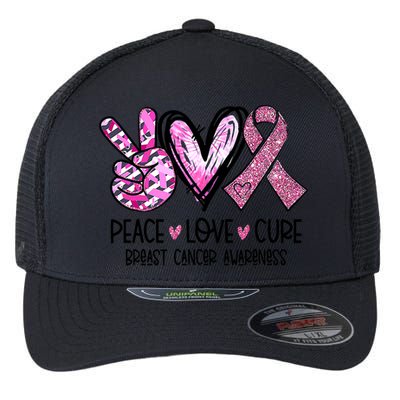 Breast Cancer Peace Love Cure Pink Ribbon Awareness Flexfit Unipanel Trucker Cap