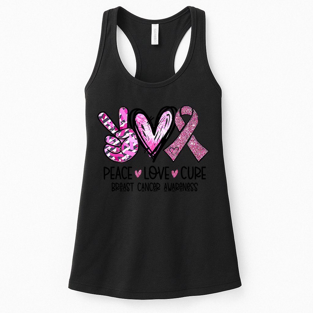 Breast Cancer Peace Love Cure Pink Ribbon Awareness Womens Tank Top