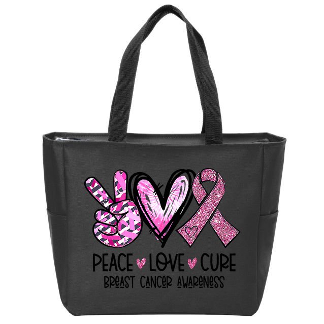 Breast Cancer Peace Love Cure Pink Ribbon Awareness Zip Tote Bag