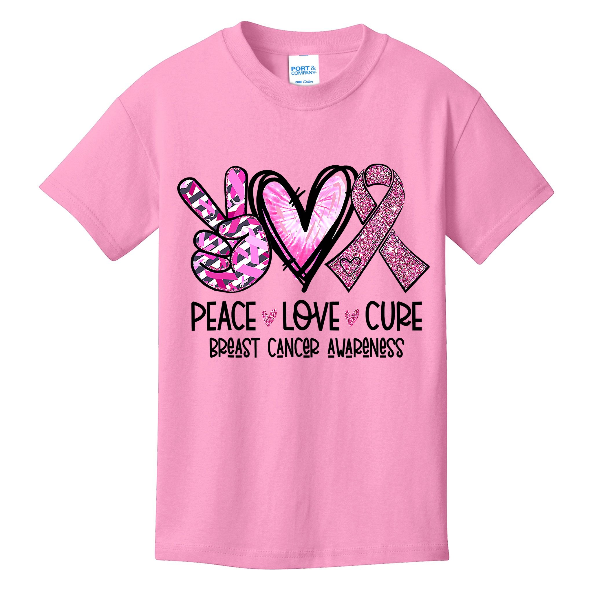 Breast Cancer Peace Love Cure Pink Ribbon Awareness Kids T-Shirt