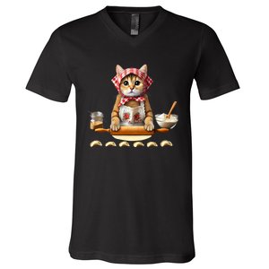 Babushka Cat Pierogi Making Polish Cat V-Neck T-Shirt