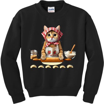 Babushka Cat Pierogi Making Polish Cat Kids Sweatshirt