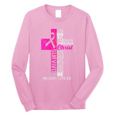 Breast Cancer Pink Ribbon Survivor For Christian Cross Long Sleeve Shirt