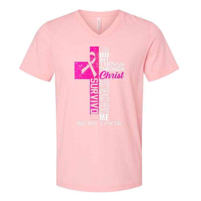 Breast Cancer Pink Ribbon Survivor For Christian Cross V-Neck T-Shirt