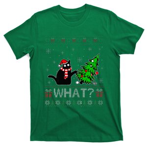 Black Cat Pushing Christmas Tree Ugly Xmas T-Shirt