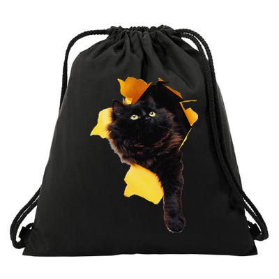 Black Cat Peek Through  Cute Feline Breaking Out Design Drawstring Bag