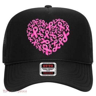 Breast Cancer Pink Ribbon Heart High Crown Mesh Back Trucker Hat