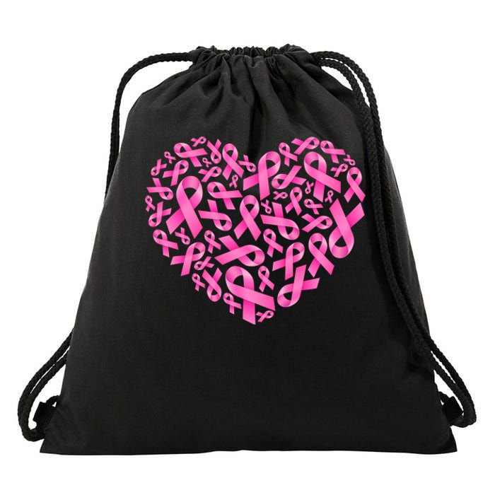 Breast Cancer Pink Ribbon Heart Drawstring Bag