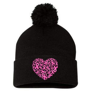 Breast Cancer Pink Ribbon Heart Pom Pom 12in Knit Beanie