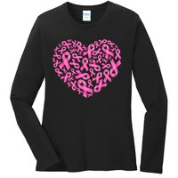 Breast Cancer Pink Ribbon Heart Ladies Long Sleeve Shirt