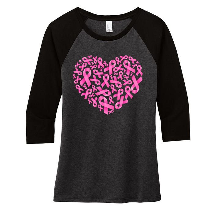 Breast Cancer Pink Ribbon Heart Women's Tri-Blend 3/4-Sleeve Raglan Shirt