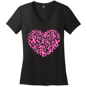 Breast Cancer Pink Ribbon Heart Women's V-Neck T-Shirt