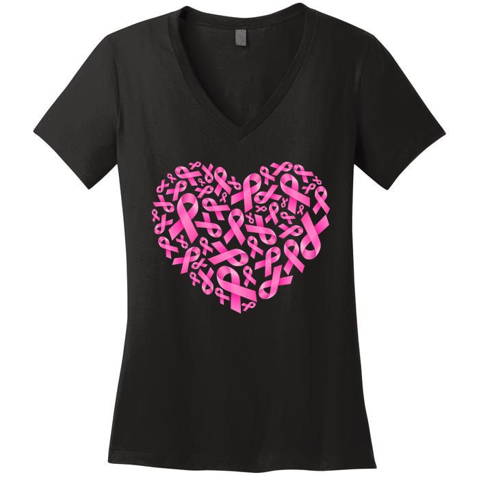 Breast Cancer Pink Ribbon Heart Women's V-Neck T-Shirt