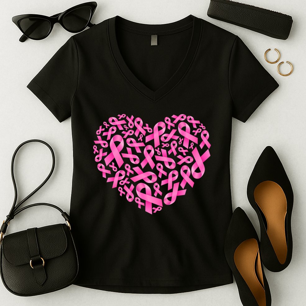 Breast Cancer Pink Ribbon Heart Women's V-Neck T-Shirt