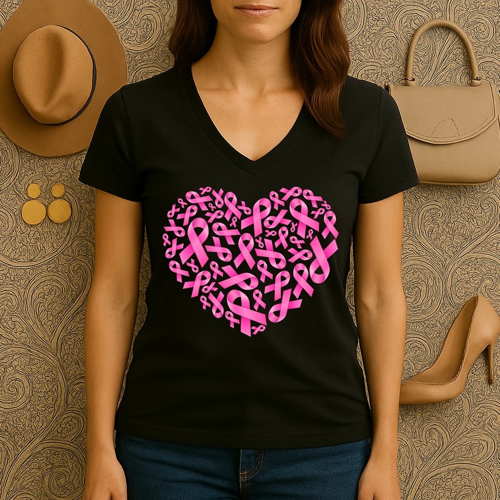Breast Cancer Pink Ribbon Heart Women's V-Neck T-Shirt