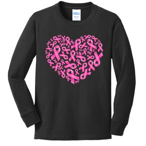 Breast Cancer Pink Ribbon Heart Kids Long Sleeve Shirt