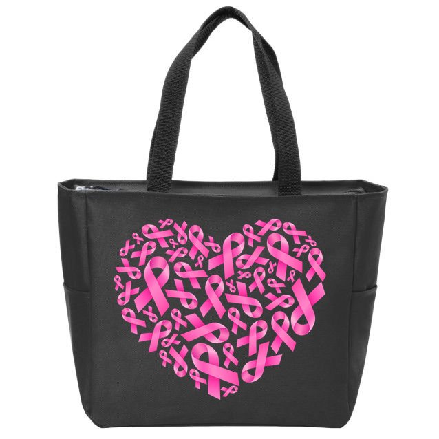 Breast Cancer Pink Ribbon Heart Zip Tote Bag