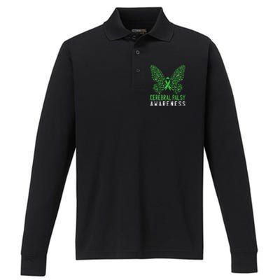 Butterfly Cerebral Palsy Awareness CP Green Ribbon Support Performance Long Sleeve Polo