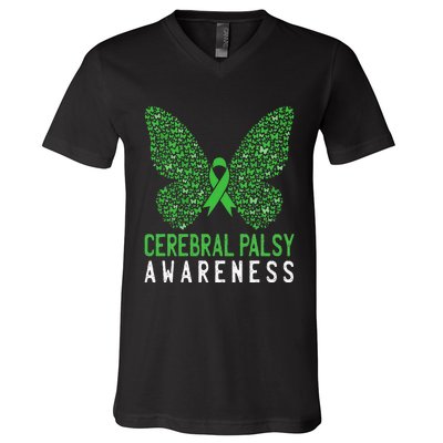 Butterfly Cerebral Palsy Awareness CP Green Ribbon Support V-Neck T-Shirt