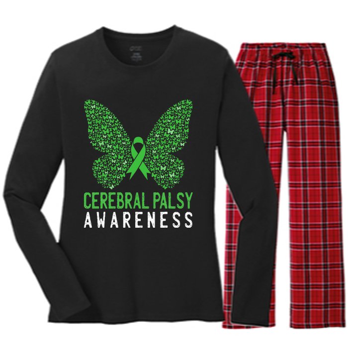 Butterfly Cerebral Palsy Awareness CP Green Ribbon Support Women's Long Sleeve Flannel Pajama Set 